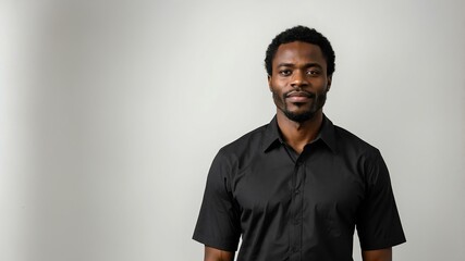 Fototapeta premium adult black hair subsaharan african man in black shirt model portrait standing straight on a plain white background for ad concept space for text