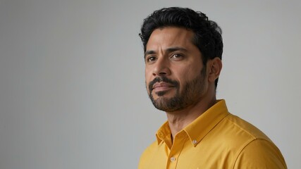 Obraz premium adult black hair hispanic man in yellow shirt model portrait standing straight on a plain white background for ad concept space for text
