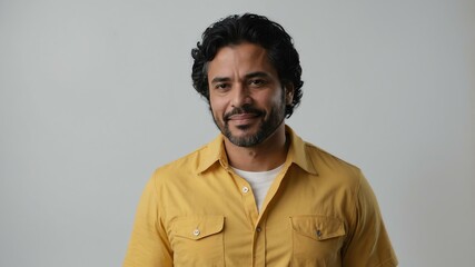 Obraz premium adult black hair hispanic man in yellow shirt model portrait standing straight on a plain white background for ad concept space for text