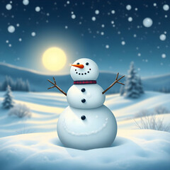 Snowman on winter landscape background