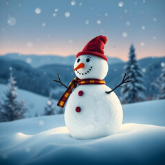 Obraz premium Snowman on winter landscape background
