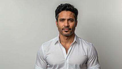 Obraz premium adult black hair hispanic man in white shirt model portrait standing straight on a plain white background for ad concept space for text