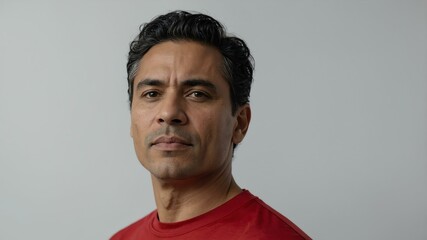 Obraz premium adult black hair hispanic man in red shirt model portrait standing straight on a plain white background for ad concept space for text