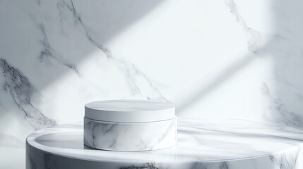 A white jar with a silver lid on a marble countertop.