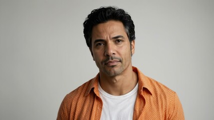 Obraz premium adult black hair hispanic man in orange shirt model portrait standing straight on a plain white background for ad concept space for text