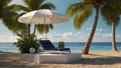Relaxing Beach Scene with Lounge Chair, Umbrella, and Palm Trees for Digital Collection	