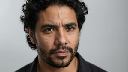 Fototapeta premium adult black hair hispanic man in black shirt model portrait standing straight on a plain white background for ad concept space for text