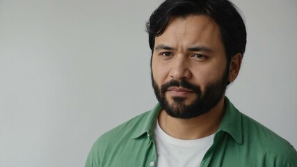 Obraz premium adult black hair finnougric man in green shirt model portrait standing straight on a plain white background for ad concept space for text