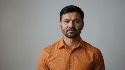 Obraz premium adult black hair finnougric man in orange shirt model portrait standing straight on a plain white background for ad concept space for text