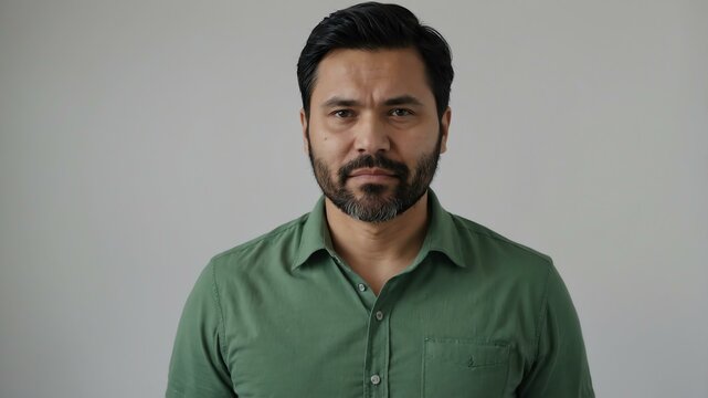 adult black hair finnougric man in green shirt model portrait standing straight on a plain white background for ad concept space for text