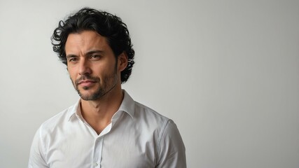 Obraz premium adult black hair european man in white shirt model portrait standing straight on a plain white background for ad concept space for text