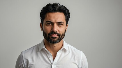 Fototapeta premium adult black hair european man in white shirt model portrait standing straight on a plain white background for ad concept space for text