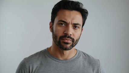 Fototapeta premium adult black hair european man in gray shirt model portrait standing straight on a plain white background for ad concept space for text