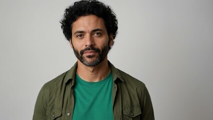 Obraz premium adult black hair european man in green shirt model portrait standing straight on a plain white background for ad concept space for text