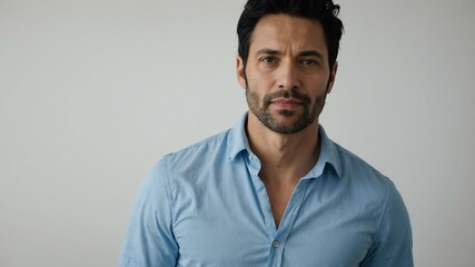 Obraz premium adult black hair european man in blue shirt model portrait standing straight on a plain white background for ad concept space for text