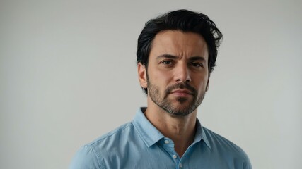 Obraz premium adult black hair european man in blue shirt model portrait standing straight on a plain white background for ad concept space for text