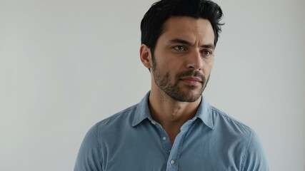 Obraz premium adult black hair european man in blue shirt model portrait standing straight on a plain white background for ad concept space for text