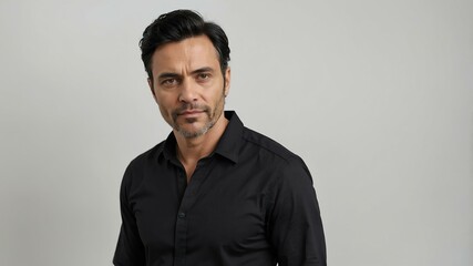Obraz premium adult black hair european man in black shirt model portrait standing straight on a plain white background for ad concept space for text