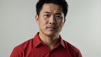 Obraz premium adult black hair east asian man in red shirt model portrait standing straight on a plain white background for ad concept space for text