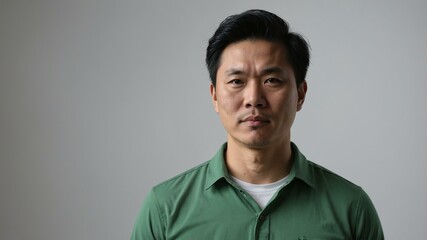 Obraz premium adult black hair east asian man in green shirt model portrait standing straight on a plain white background for ad concept space for text