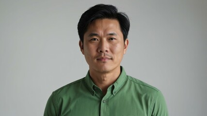 Obraz premium adult black hair east asian man in green shirt model portrait standing straight on a plain white background for ad concept space for text