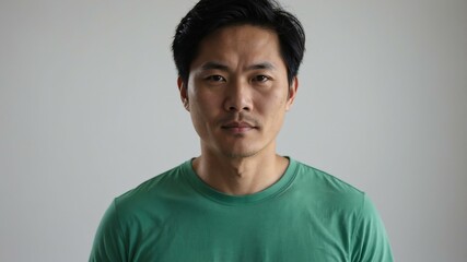 Fototapeta premium adult black hair east asian man in green shirt model portrait standing straight on a plain white background for ad concept space for text