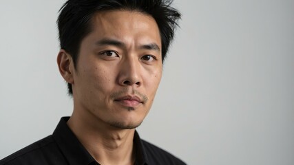 Obraz premium adult black hair east asian man in black shirt model portrait standing straight on a plain white background for ad concept space for text