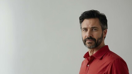 Fototapeta premium adult black hair caucasian man in red shirt model portrait standing straight on a plain white background for ad concept space for text