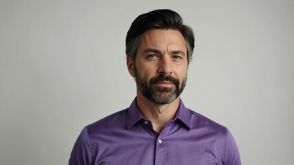Obraz premium adult black hair caucasian man in purple shirt model portrait standing straight on a plain white background for ad concept space for text