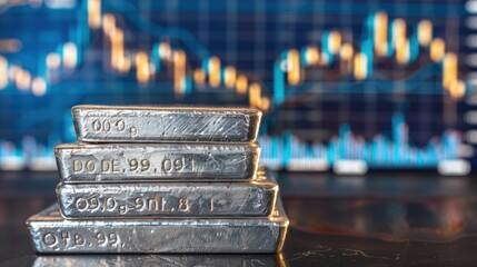 Stack of silver bars with a stock market chart in the background.