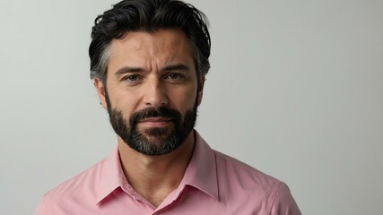 Obraz premium adult black hair caucasian man in pink shirt model portrait standing straight on a plain white background for ad concept space for text