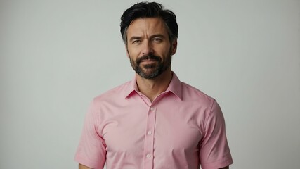 Obraz premium adult black hair caucasian man in pink shirt model portrait standing straight on a plain white background for ad concept space for text