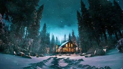 Snowfall over a house in the forest. Wooden private house in the winter forest. Winter pine forest during snowfall. Cold winter evening in the forest