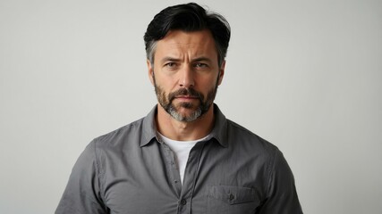 Obraz premium adult black hair caucasian man in gray shirt model portrait standing straight on a plain white background for ad concept space for text