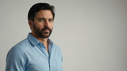 Obraz premium adult black hair caucasian man in blue shirt model portrait standing straight on a plain white background for ad concept space for text