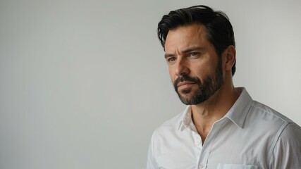 Obraz premium adult black hair caucasian man in black shirt model portrait standing straight on a plain white background for ad concept space for text