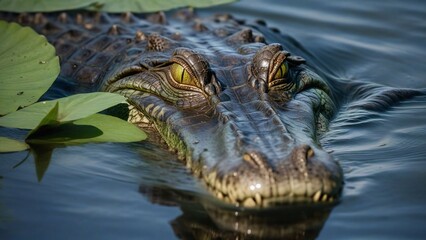 Fototapeta premium a crocodile with a yellow eye and green leaves in the water.