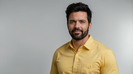 Obraz premium adult black hair american man in yellow shirt model portrait standing straight on a plain white background for ad concept space for text