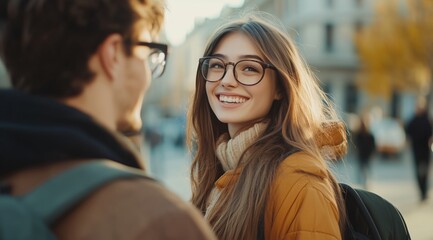 Fototapeta premium Happy female student portrait downtown street backpack friend in city couple walk young woman long hair bright smile handsome boyfriend face close up