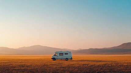 camper van in golden field at sunset