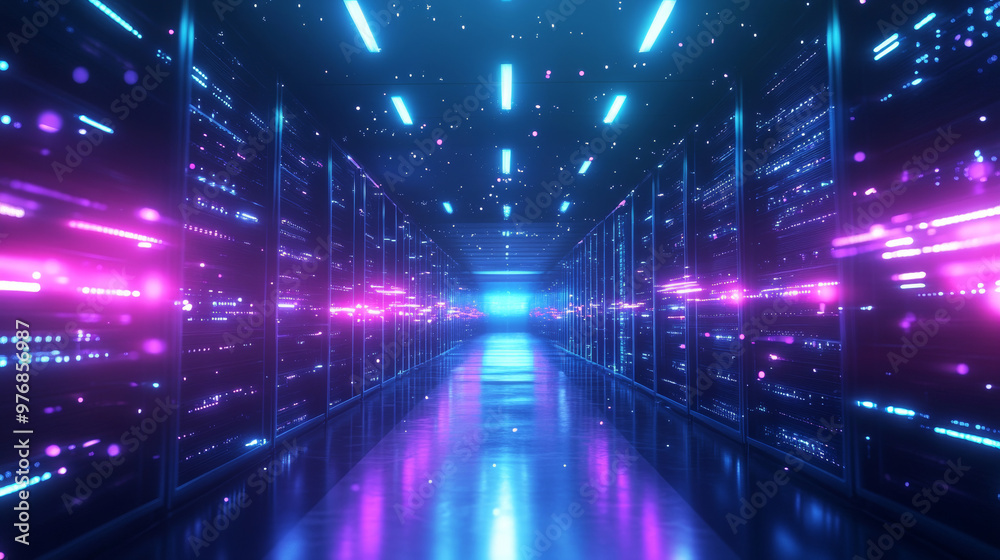 Poster data center: an abstract representation of a digital repository. it features a server room utilizing
