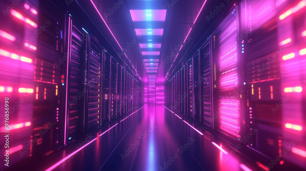 Poster data center: an abstract representation of a digital repository. it features a server room utilizing