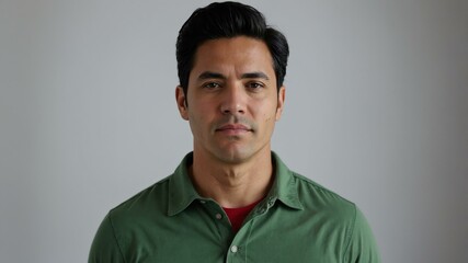 Fototapeta premium adult black hair american man in green shirt model portrait standing straight on a plain white background for ad concept space for text