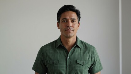 Obraz premium adult black hair american man in green shirt model portrait standing straight on a plain white background for ad concept space for text