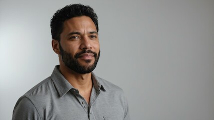 Obraz premium adult black hair american man in gray shirt model portrait standing straight on a plain white background for ad concept space for text