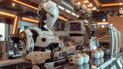 Robotic Barista: A robot barista making a latte in a futuristic café, with precision and flair. 
