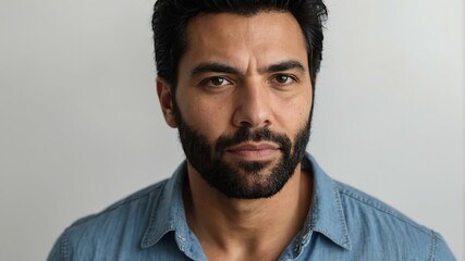 Fototapeta premium adult black hair american man in blue shirt model portrait standing straight on a plain white background for ad concept space for text