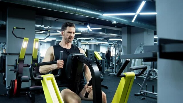 Athlete making exercise for back on row machine. Handsome athlete concentrated during workout. Strength and endurance concept. Plate loaded machine for bodybuilding. 4K, UHD