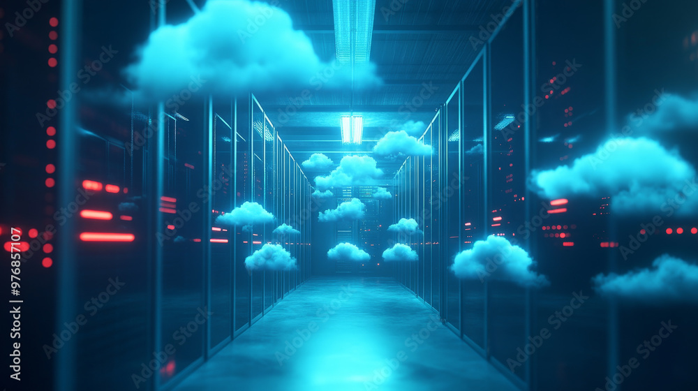 Poster data center: an abstract representation of a digital repository. it features a server room utilizing
