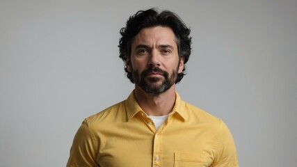 Obraz premium adult black hair white man in yellow shirt model portrait standing straight on a plain white background for ad concept space for text